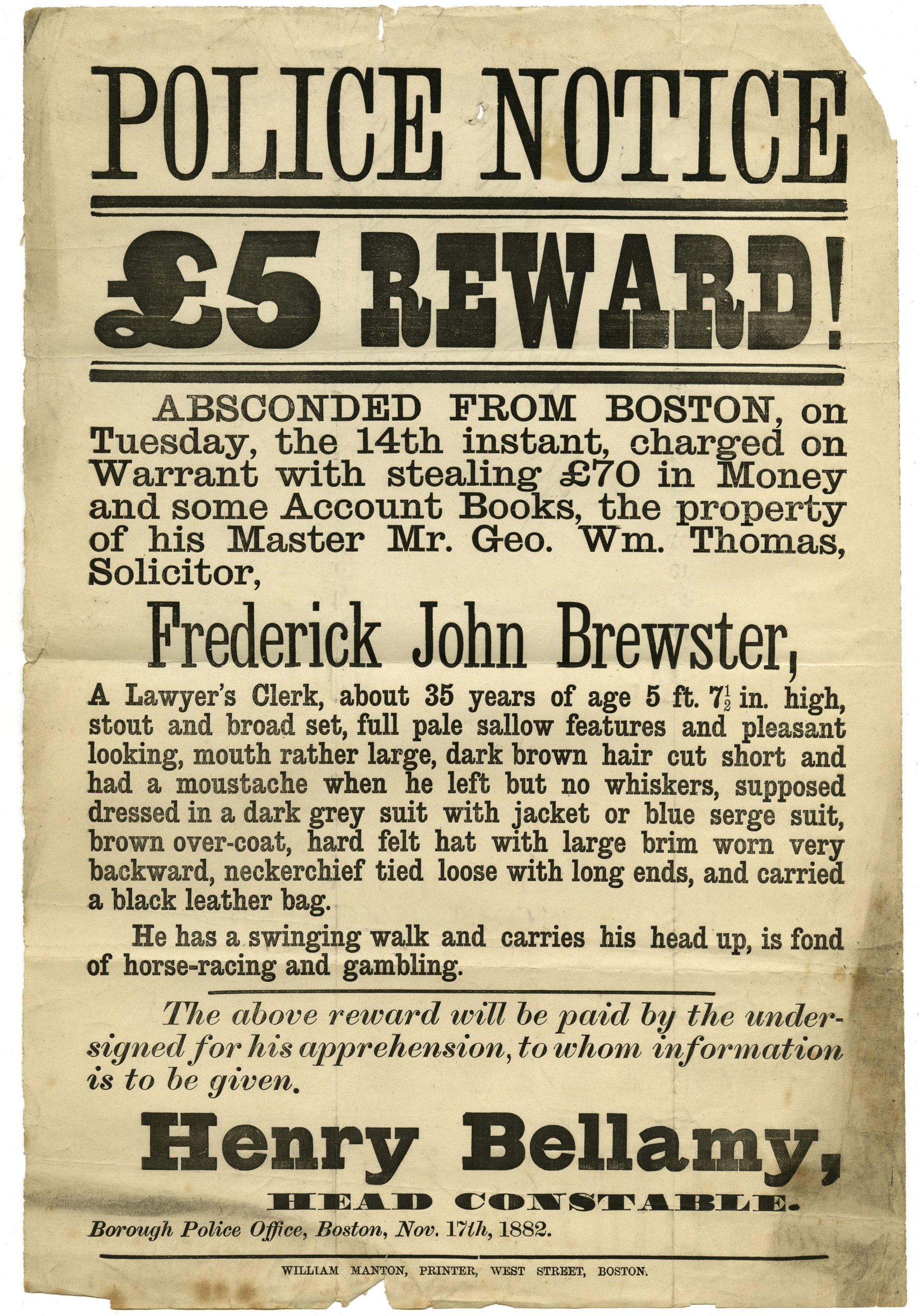 Police wanted poster for Frederick John Brewster, 1882 - Northumberland